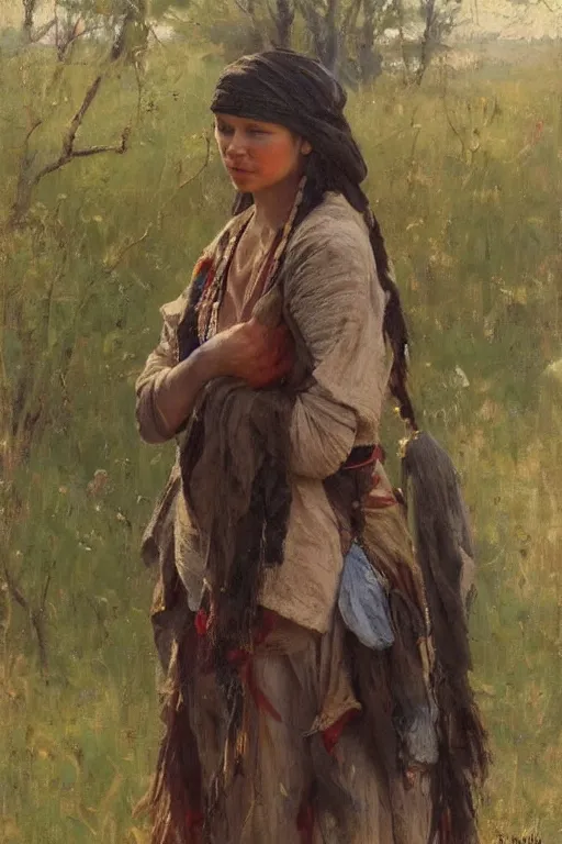 Image similar to Richard Schmid and Jeremy Lipking and Antonio Rotta full length portrait painting of a young beautiful traditonal american indian woman