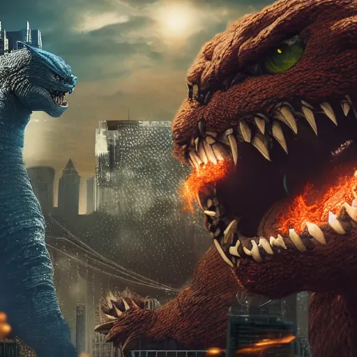 Prompt: A giant kitten fights Godzilla in Manhattan, detailed, 4k