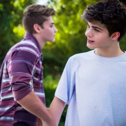 Image similar to Photograph of two male teenagers in love, holding hand, sigma 85mm
