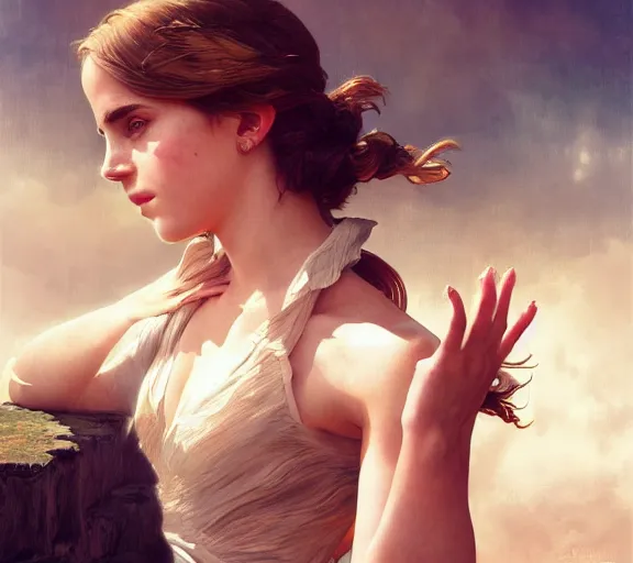 Image similar to photography of emma watson with hands - up and hairy armpits, deep focus, intricate, elegant, highly detailed, digital painting, artstation, concept art, matte, sharp focus, illustration, art by artgerm and greg rutkowski and alphonse mucha and gil elvgren