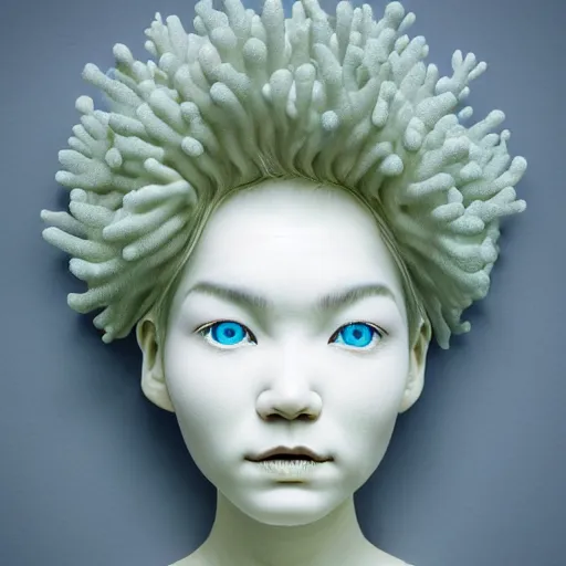 Image similar to vaporwave, full head and shoulders, bjork porcelain sculpture, smooth, delicate facial features, white eyes, white lashes, detailed white, lots of white coral sea elements, fish, sea anemones, all white features on a white background, by daniel arsham and james jean