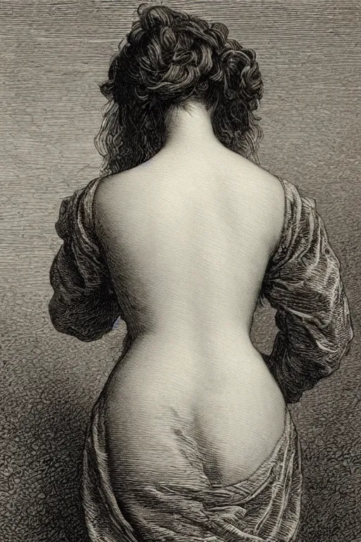 Image similar to extreme close-up, portrait of a beautiful french woman from behind with a wreath, Gustave Dore lithography