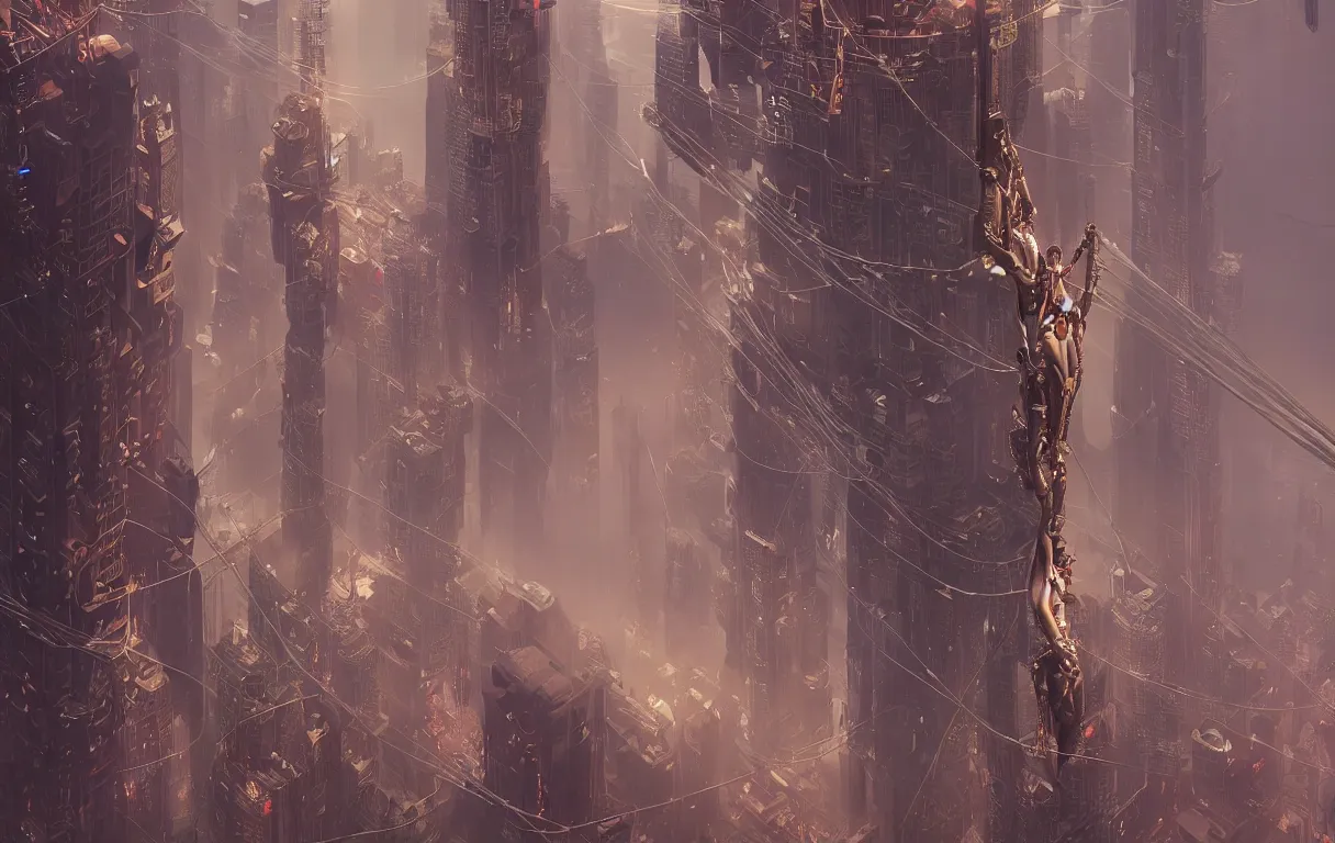 Image similar to award winning poster design of a crucified gargantuan female biomorphic cyborg queen connected by intricate technological wires to a futuristic new york city, by jean moebius giraud, beeple, greg rutkowski. octane render.