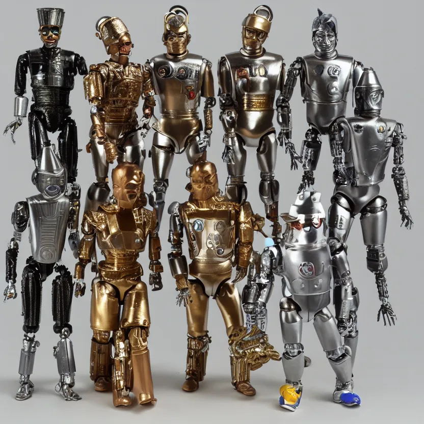 Image similar to a photograph of my collection of action figures of futuristic cyborg tin man from the wiz the movie, happy singing & dancing, 4 k, highly detailed, award winning, look at all that detail!