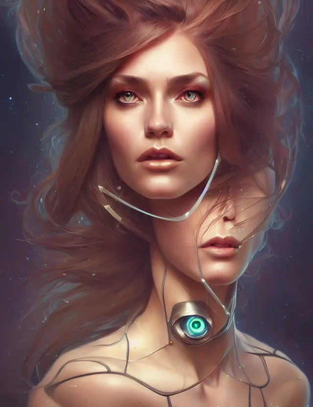 Image similar to futuristic woman portrait, sci-fi, amber eyes, face, long hair, fantasy, intricate, elegant, highly detailed, digital painting, artstation, concept art, smooth, sharp focus, illustration, art by artgerm and greg rutkowski and alphonse mucha