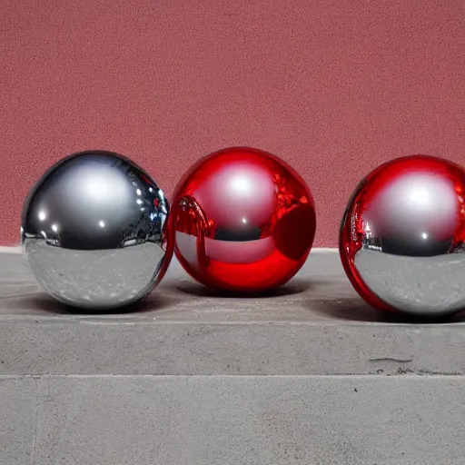 Prompt: chrome spheres on a red cube by emanuel de witte