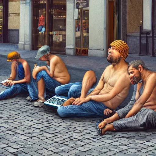 Image similar to a group of realistic bums using laptops near on street, highly detailed, intricate, sharp focus, digital art, 8 k