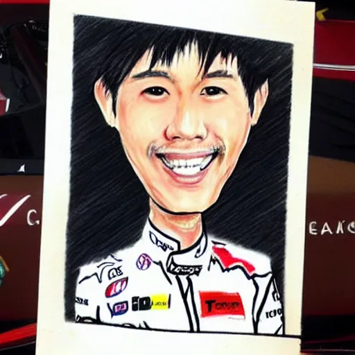 Image similar to a badly drawn picture of f 1 driver yuki tsunoda, caricature!!!, funny, crayon art, bad, beginner art