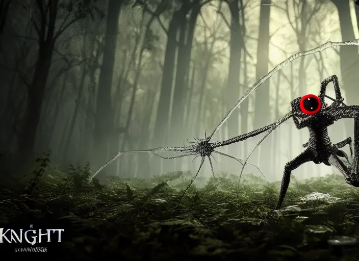 Image similar to knight fights off a giant white crystal clear spider with huge red eyes in a forest. highly detailed 8 k. intricate. lifelike. soft light. fantasy horror style. cinematic post - processing