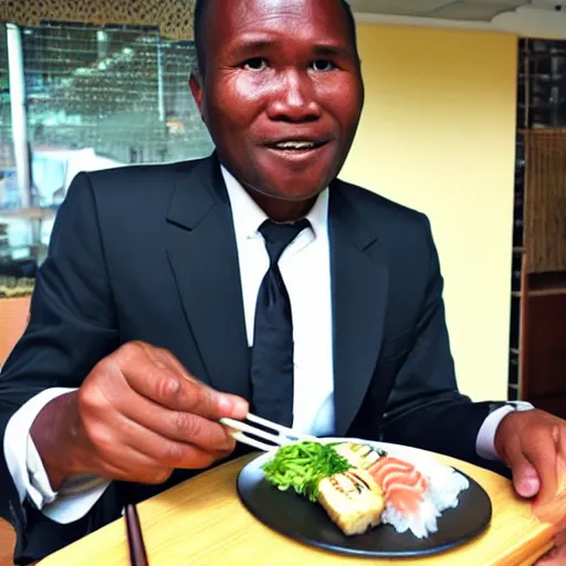 Image similar to photo, papua man in business suit eating sushi