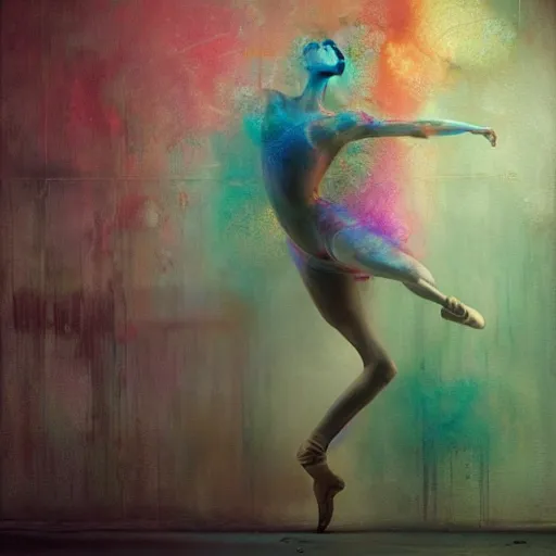 Image similar to ballet resonant frequency by cy Twombly and BASTIEN LECOUFFE DEHARME, colorful, iridescent, volumetric lighting, abstract