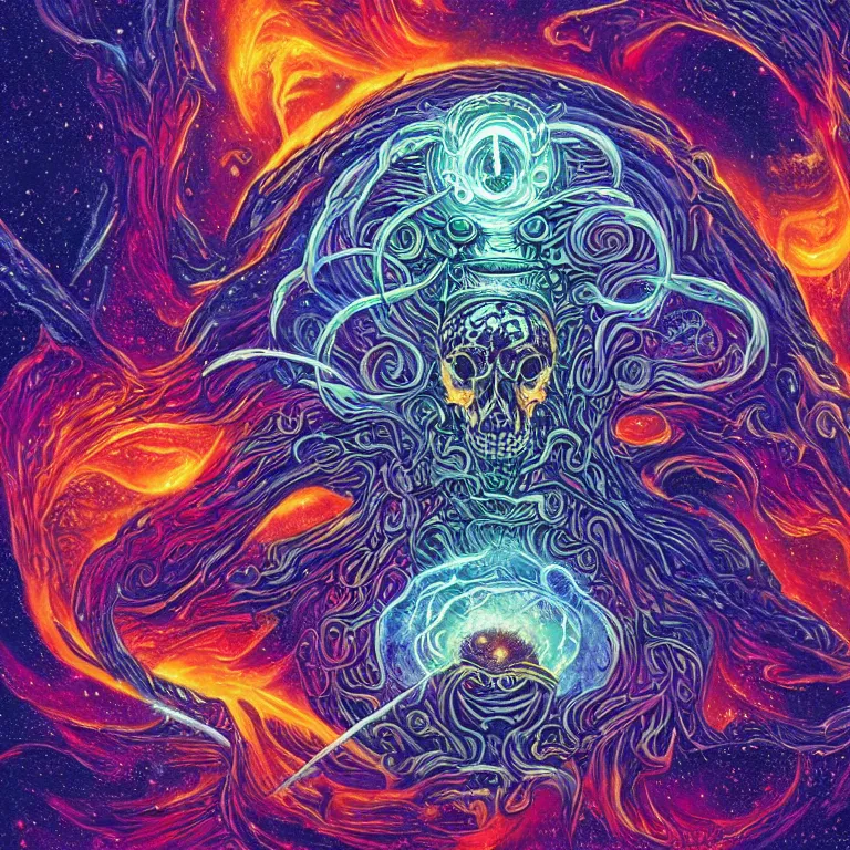 Image similar to a centered giant skull with intricate rune carvings and glowing eyes with thick lovecraftian tentacles emerging from a space nebula by dan mumford, symmetry, twirling smoke trail, a twisting vortex of dying galaxies, digital art, vivid colors, highly detailed