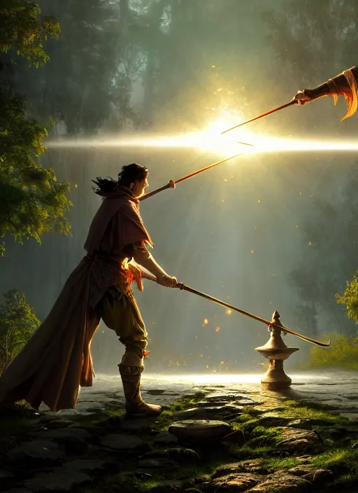 Image similar to two wizards having a magical duel, mist, sunrays, dust in the air, dnd character, unreal engine, octane render, dramatic lighting, pond, digital art, by stanley artgerm lau, greg rutkowski, thomas kindkade, alphonse mucha, loish, norman rockwell,