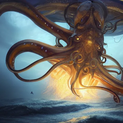 Image similar to epic cinematic shot of a big squid monster with long golden tentacles flying in deep space digital painting, artstation, concept art, soft light, hdri, smooth, sharp focus, illustration, fantasy, intricate, elegant, highly detailed, D&D, matte painting, in the style of Greg Rutkowski and Alphonse Mucha and artemisia, 8k, highly detailed, jurgens, rutkowski, bouguereau, pastoral, rustic, georgic