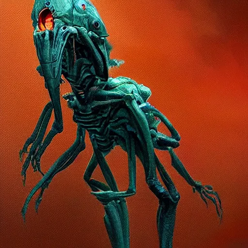Image similar to scifi art by Greg Rutkowski, hideous monster made of twisted human flesh and reddish ooze, lumpy bloated upper body with elongated, thin limbs like a mantis, small head like a ball with two empty holes for eyes, only human beings are its legs, vicious appearance, scifi, space horror, digital painting, artstation, concept art, smooth, sharp foccus ilustration, Artstation HQ.