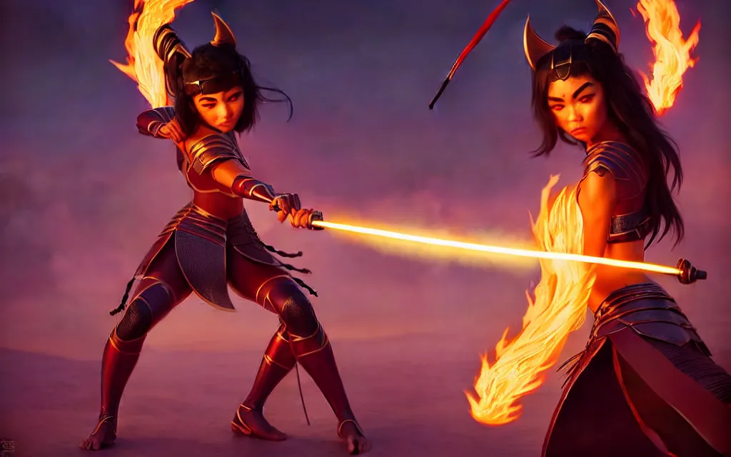 Image similar to weta disney pixar epic movie pinup shot of madison beer as samurai warrior catgirl by pixar : : flames : : by weta, greg rutkowski, wlop, ilya kuvshinov, rossdraws, artgerm, marvel, unreal engine, bright morning, anime