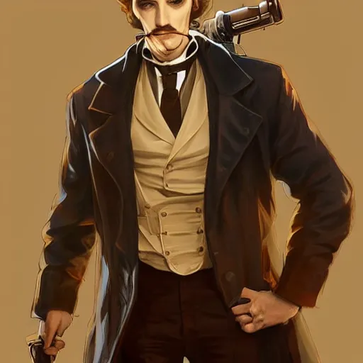 Image similar to a victorian doctor with a gun, young man, vampire, dark brown duster, short brown hair, brooding, character art, full body art, Dungeons and Dragons, D&D, trending on artstation, artgerm, 4k ultra hd, sharp focus, digital art by Ilya Kuvshinov and Ross Tran,