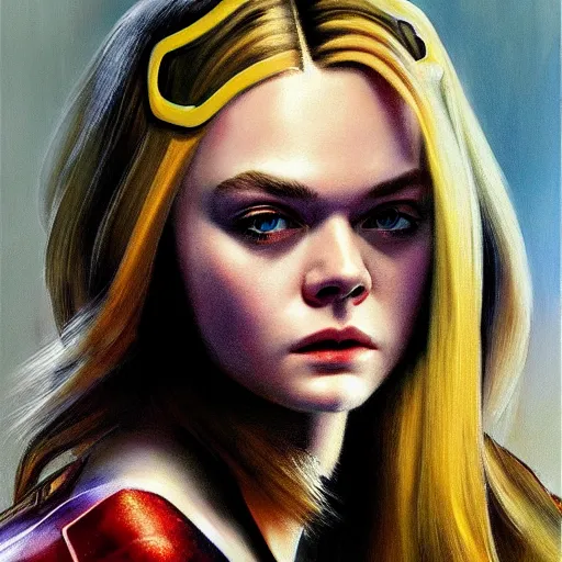 Image similar to ultra realistic portrait painting of elle fanning as a cyberpunk cop, art by frank frazetta, 4 k, ultra realistic, highly detailed, epic lighting