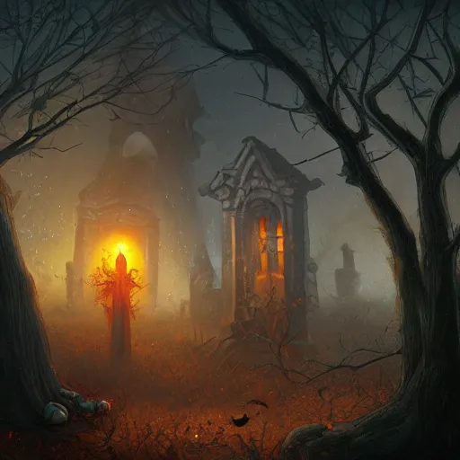 Prompt: a Haunted Halloween Scene, Cemetery, Autumn, 8k resolution matte fantasy painting, cinematic lighting, DeviantArt, Artstation, Jason Felix Steve Argyle Tyler Jacobson Peter Mohrbacher