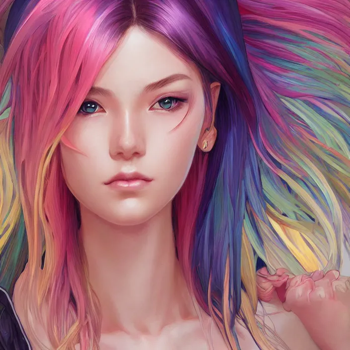 Image similar to portrait of beautiful symmetrical anime girl, rainbow hair, attractive, casual, modern, victoria's secret, highly detailed, digital painting, artstation, concept art, smooth, sharp focus, illustration, art by moebius artgerm, greg rutkowski and alphonse mucha, 8 k,