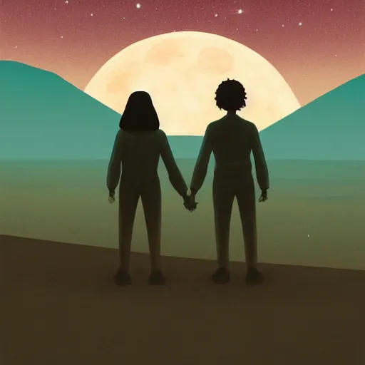 Prompt: illustration of two androids holding hands on a summit, standing, looking out toward a full moon on a starry night, beautiful, muted colors, in the style of hirohiko araki, zdzisław beksinski, atey ghailan