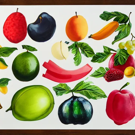 Prompt: collection of various fruits, gouache painting, isolated