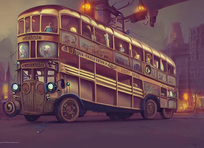 Image similar to matte sharp painting, a steampunk double decker bus, juxtapoz, artforum, gary baseman, preston blair, tex avery, dan mumford, pedro correa