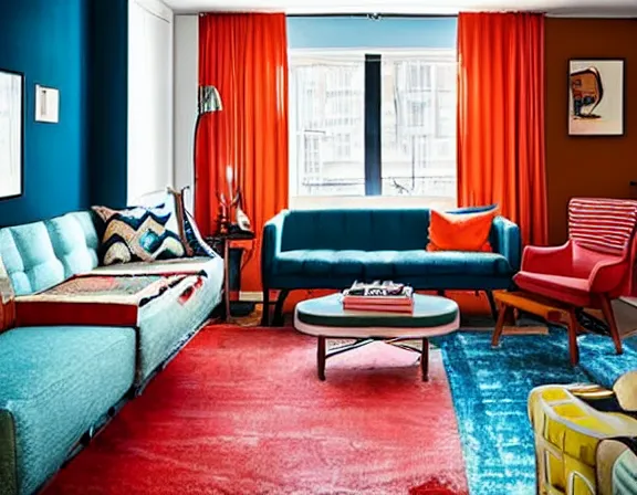 Prompt: apartment designed by nate berkus, retro 1 9 5 0 s colors