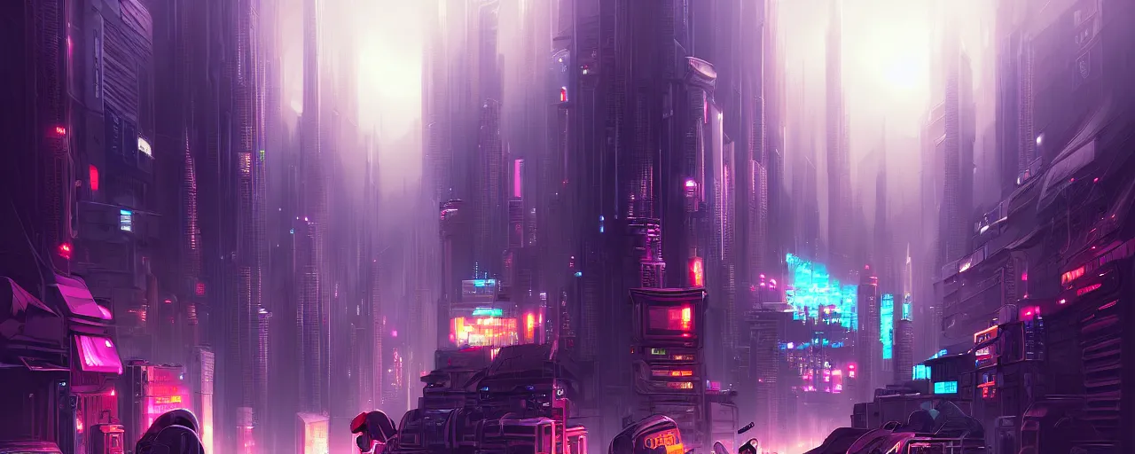 Prompt: A cyberpunk cityscape, by Cyril Rolando, landscape, dramatic lighting, high contrast colors, panoramic view, as trending on Artstation, highly detailed,