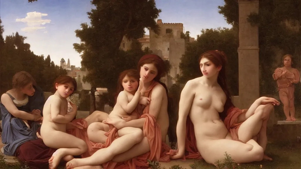 Image similar to la geante in a medieval town in the style of alexandre cabanel, william bouguereau, oil on canvas, 4 k resolution