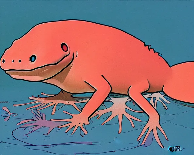 Prompt: a painting of an axolotl by guy billout