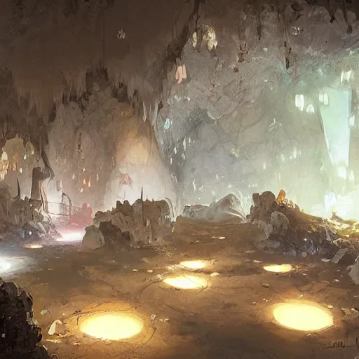 Prompt: a cave with huge glowing crystals in the walls and piles of bones on the floor, art by martin deschambault