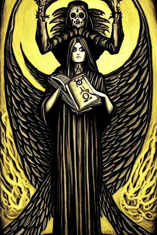 Image similar to dark angel holding a book of necronomicon, tarot card, illustration by aleister crowley, symmetrical, cinematic, sharp focus, 4 k, ultra hd, sense of awe, sinister demonic atmosphere, dreadful, forbidden knowledge, old gods. demonology