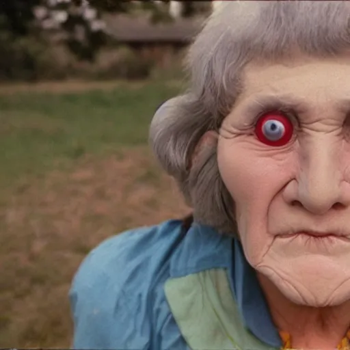 Image similar to middle-agedwoman wearing an inflatable nose, with extra eyeballs, in the countryside 1979 arthouse film, archival footage, technicolor film expired film