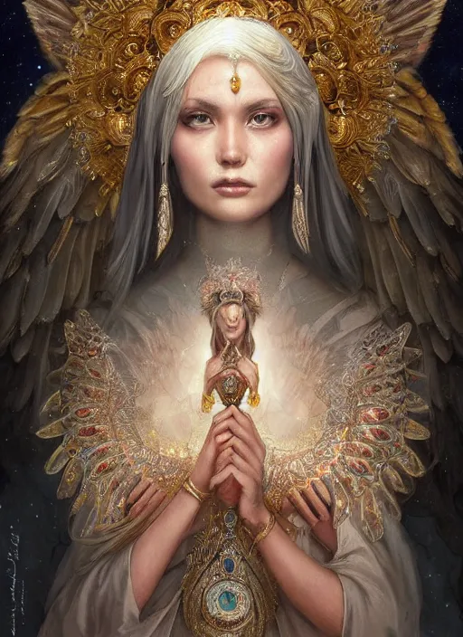 Image similar to A beautiful digital painting of a female Seraphim full of jewels, princess, the moon behind her, intricate, cinematic lighting, highly detailed, digital painting, Artstation, concept art, smooth, sharp focus, illustration, art by Tom Bagshaw, Artgerm and Greg Rutkowski