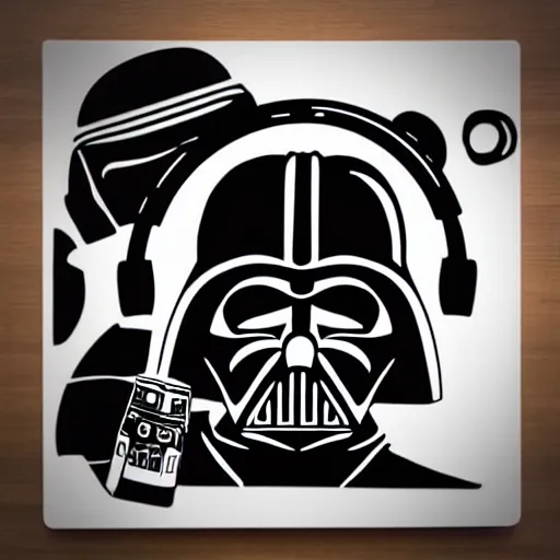 Image similar to svg sticker of a Pop-Wonder Darth-Vader at a rave, spinning records, giant headphones rocking out, wearing headphones, huge speakers, dancing, rave, DJ, spinning records, digital art, amazing composition, rule-of-thirds, award-winning, trending on artstation, featured on deviantart