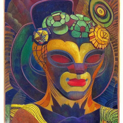 Prompt: head of a beautiful boy wearing a mask made of metal flowers, by diego rivera and john watkiss and annie swynnerton, art deco shaman, stylized flowers, art brut, symbolist, dramatic lighting, god rays, iridescent beetles, clean crisp graphics, smooth sharp focus, extremely detailed