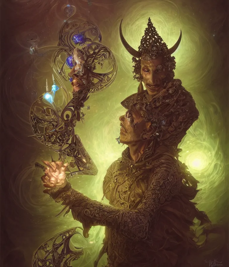 Prompt: front shot of a court jester character, hyperdimensional, bioluminescent hypercubes, dark holography!!!, (((intricate))), elegant, highly detailed, centered, (((artstation, concept art, smooth, sharp focus, artgerm, Tomasz Alen Kopera, Peter Mohrbacher, donato giancola, Joseph Christian Leyendecker, WLOP, Boris Vallejo))), mugshot!!!!!, ugly!!!!!!, octane render, nvidia raytracing demo, octane render, nvidia raytracing demo, octane render, nvidia raytracing demo, grainy, muted, 8K, digitalblasphemy, metatron