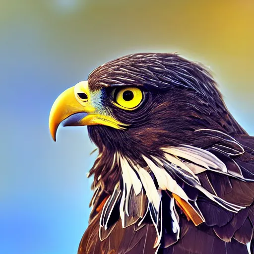 Image similar to scenic photo of a bird of prey, covered in feathers. focus on the beak. intricate eyes. extremely large wings. extreme detail, hyperrealistic photo