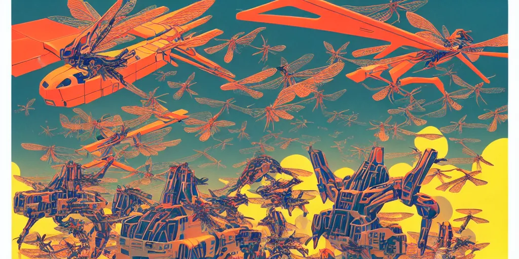 Image similar to risograph rendition, gigantic mecha arzach birds with dragonflies, tiny rats, a lot of exotic animals around, big human faces everywhere, helicopters and tremendous birds, by satoshi kon and moebius, matte bright colors, surreal design, crispy, super - detailed, a lot of tiny details, fullshot