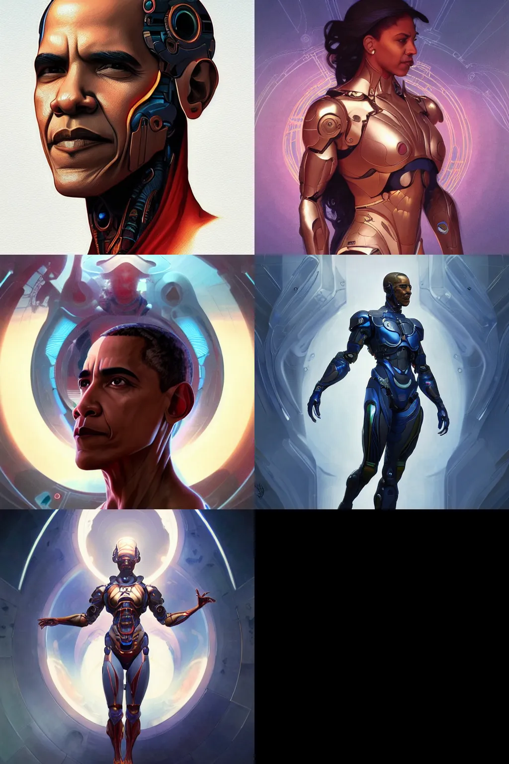 Prompt: obama cyborg from another dimension, cinematic lighting, intricate, elegant, highly detailed, digital painting, artstation, sharp focus, illustration, art by artgerm and greg rutkowski and alphonse mucha and Wayne Barlowe and william-adolphe bouguereau