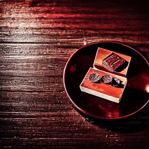 Prompt: a glass of ruby porto on a wooden table in a bar, a piece of dark chocolate on a little plate next to the glass, nice angle, caustics effects, professional food photography