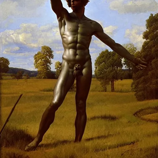 Prompt: statue of david stands in the middle of a field, David (Michelangelo), Rye (Shishkin), painting by Ivan Shishkin, painting by Valentin Serov, oil painting, hyperrealism, beautiful, high resolution