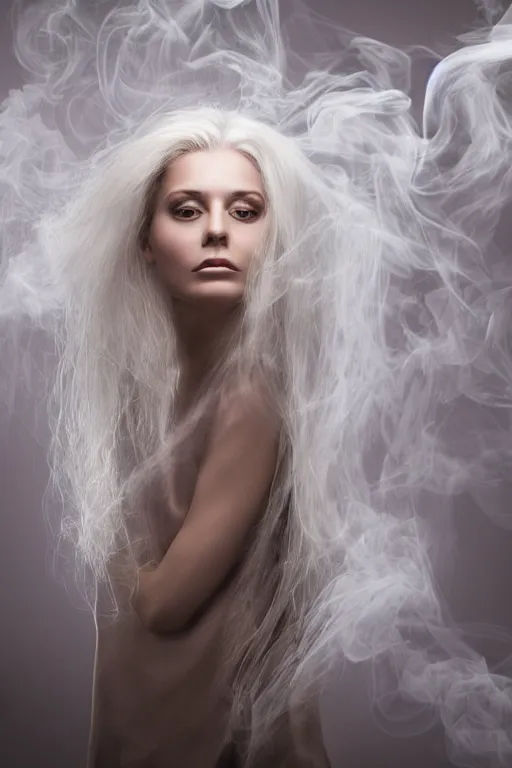 Image similar to portrait of a woman, with white hair like smoke, with reaction-diffusion wallpaper, studio photo, high detail