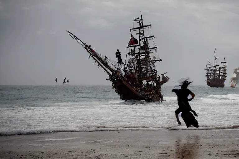 Image similar to closeup pirate couples running down beach as pirate ship fires canons, sand explosion by emmanuel lubezki