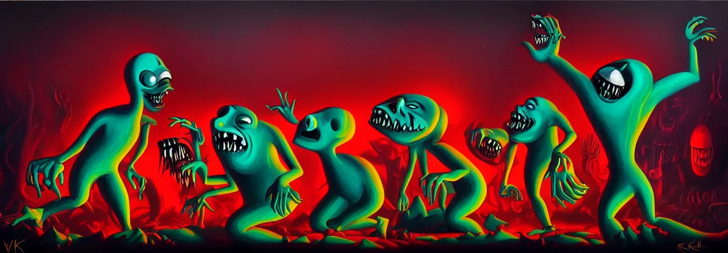 Image similar to visceral freaky monsters from the darkest depths of collective unconscious, dramatic glowing lighting, 1 9 3 0 s fleischer cartoon characters, wild emotional expressions - surreal painting by ronny khalil