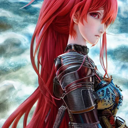 Image similar to a long - red - haired female knight as an absurdly beautiful, elegant, young sensual anime girl, river in background, ultrafine hyperrealistic detailed face illustration by kim jung gi, irakli nadar, intricate linework, sharp focus, bright colors, matte, final fantasy, unreal engine highly rendered, global illumination, radiant light, intricate environment