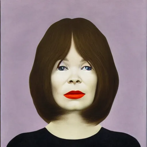 Image similar to very detailed portrait of bjork's face and long hair floating above the dark icelandic ocean into a gray sky. painted by rene magritte, 1 9 2 7. oil on canvas.