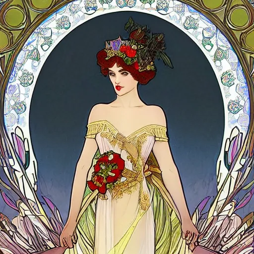 Image similar to alexander Lukashenko in beautiful dress. mucha style. epic composition. highly detailed.