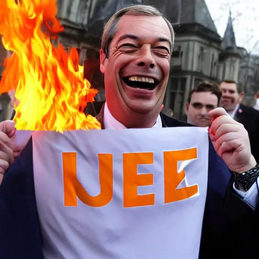 Image similar to nigel farage laughing holding burning eu flag, photograph, hd